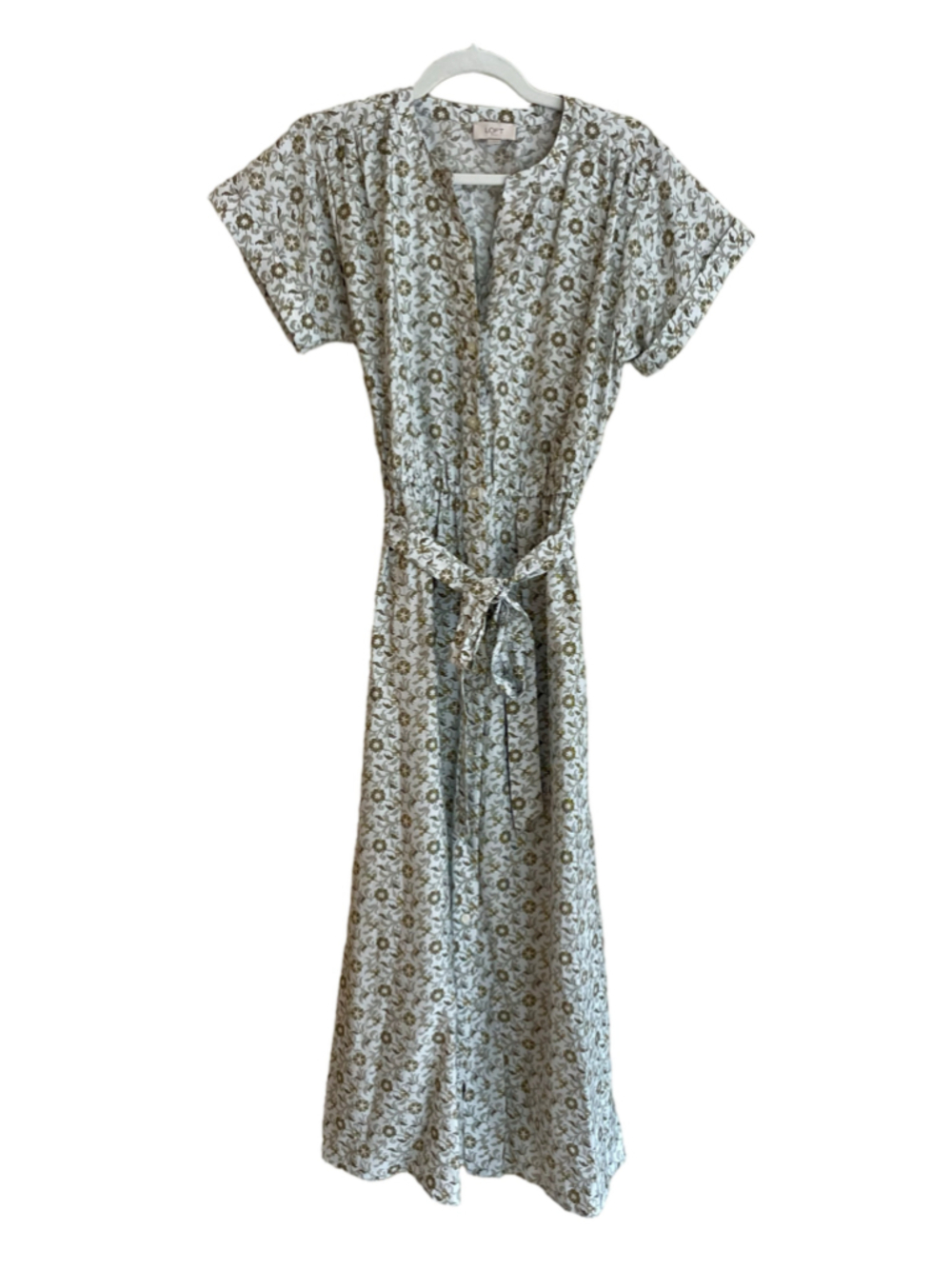 LOFT Outlet Floral Maxi Shirtdress Women M Button Front Tie Waist Short Sleeve